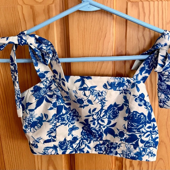 Indigo Blue and White Women's Crop Top Lined Zipper Shoulder Bow Ties Adjusts XS - Picture 8 of 11